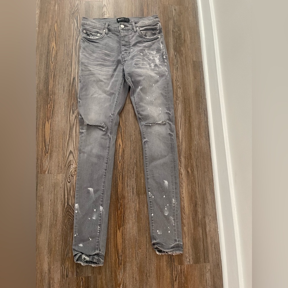 Gray Distressed Paint-Splatter Jeans